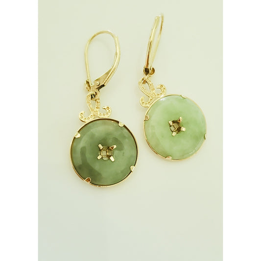 Vintage 14K Gold Chinese Jade Donut Leverback Earrings