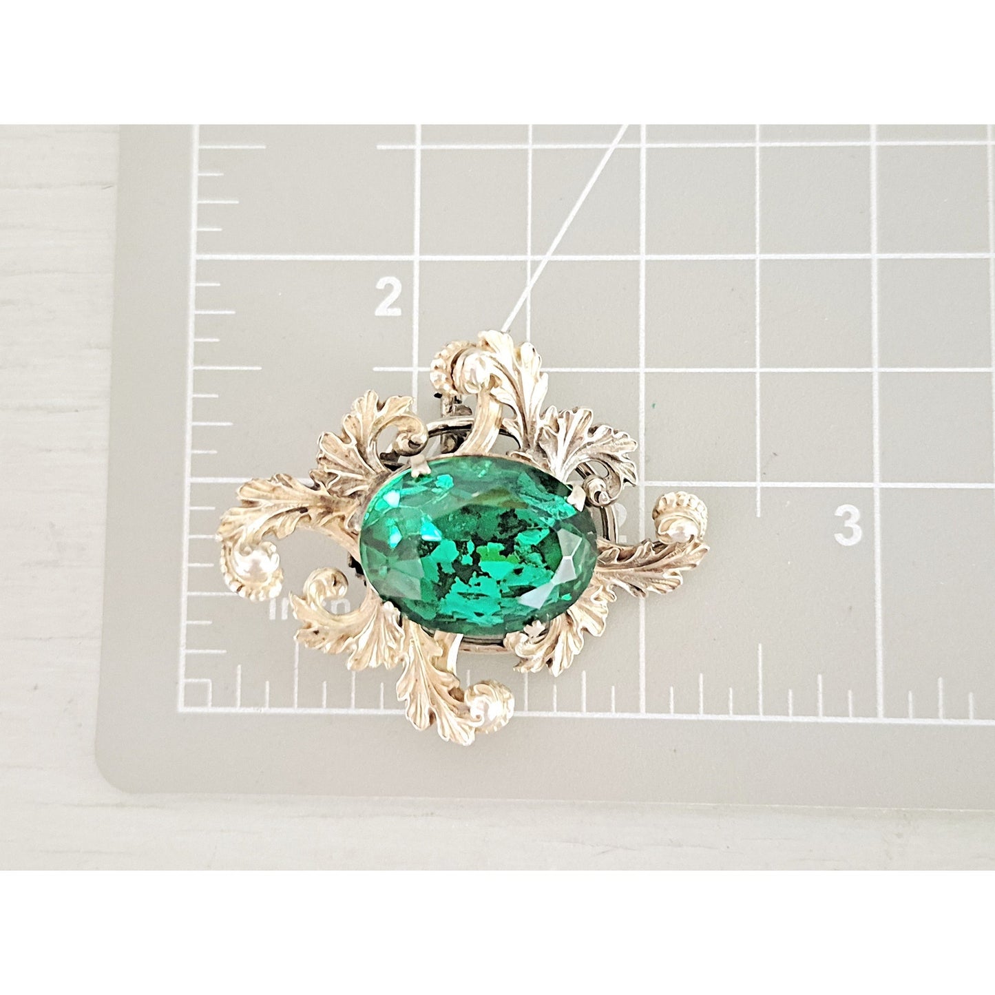 Vintage Brass Large Green Stone Swirl Brooch Clip