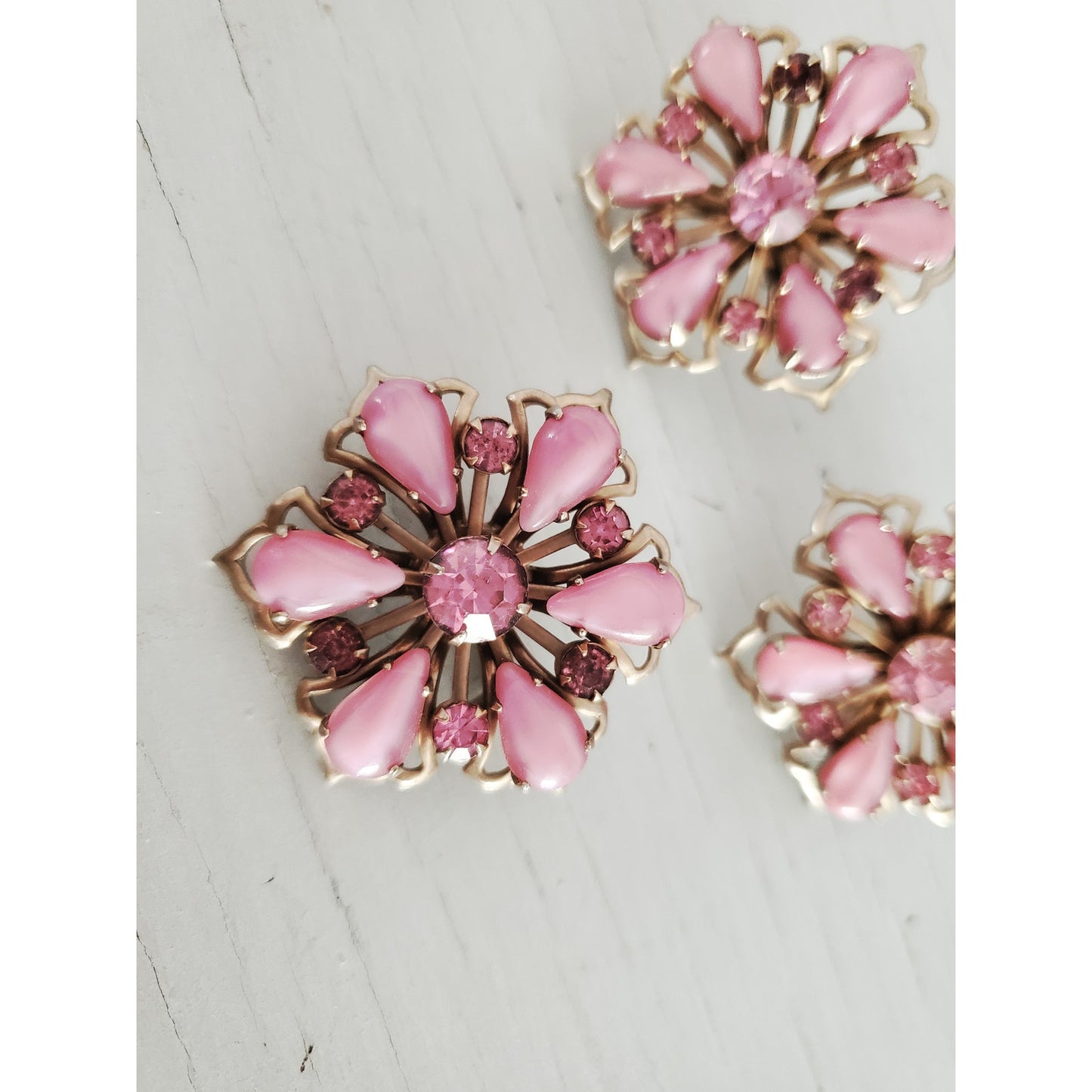 Vintage MCM Floral Pink Thermal and Rhinestone Brooch and Earring Set