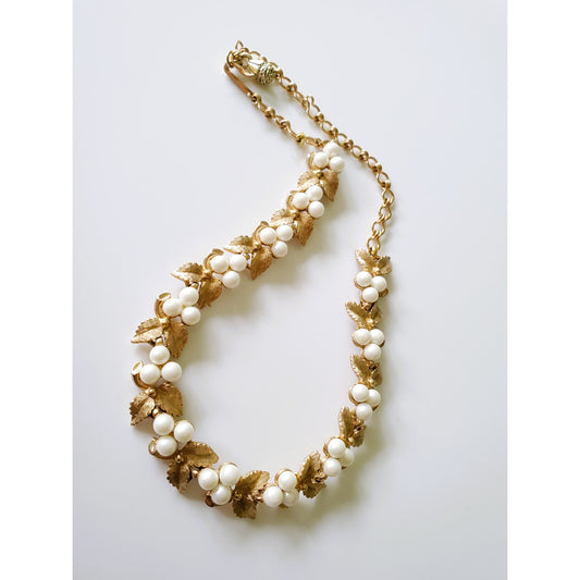 Vintage Gold Tone Charel Leaf Link and Faux Pearl Choker Necklace