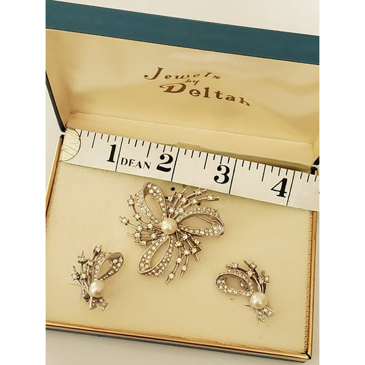 Vintage Deltah Pearl and Rhinestone Brooch and Earring Set