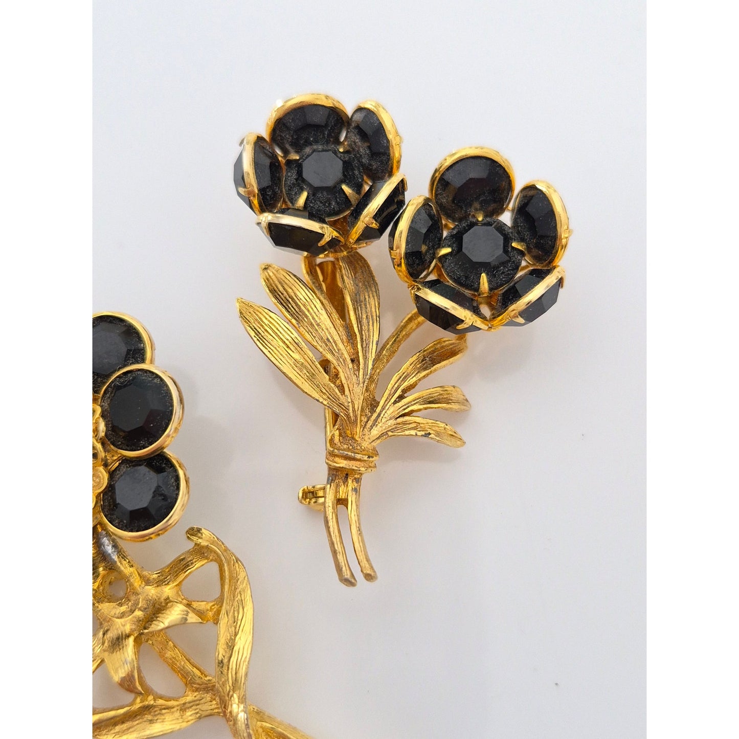 Pair of Vintage Black Crystal Rhinestone Flower Brooches