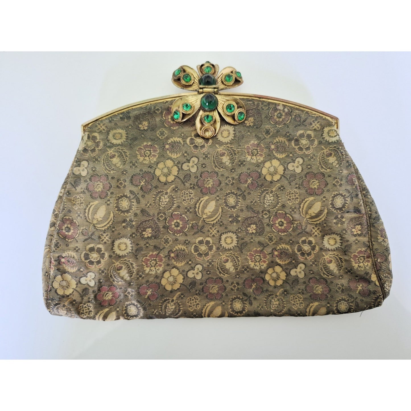 Vintage Antique 1930s Silk Brocade Hand Purse with Green Rhinestones