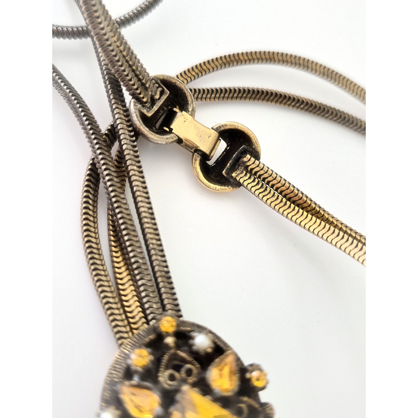 Vintage Mid-Century Yellow Rhinestones and Faux Pearl Bolero Sliding Necklace