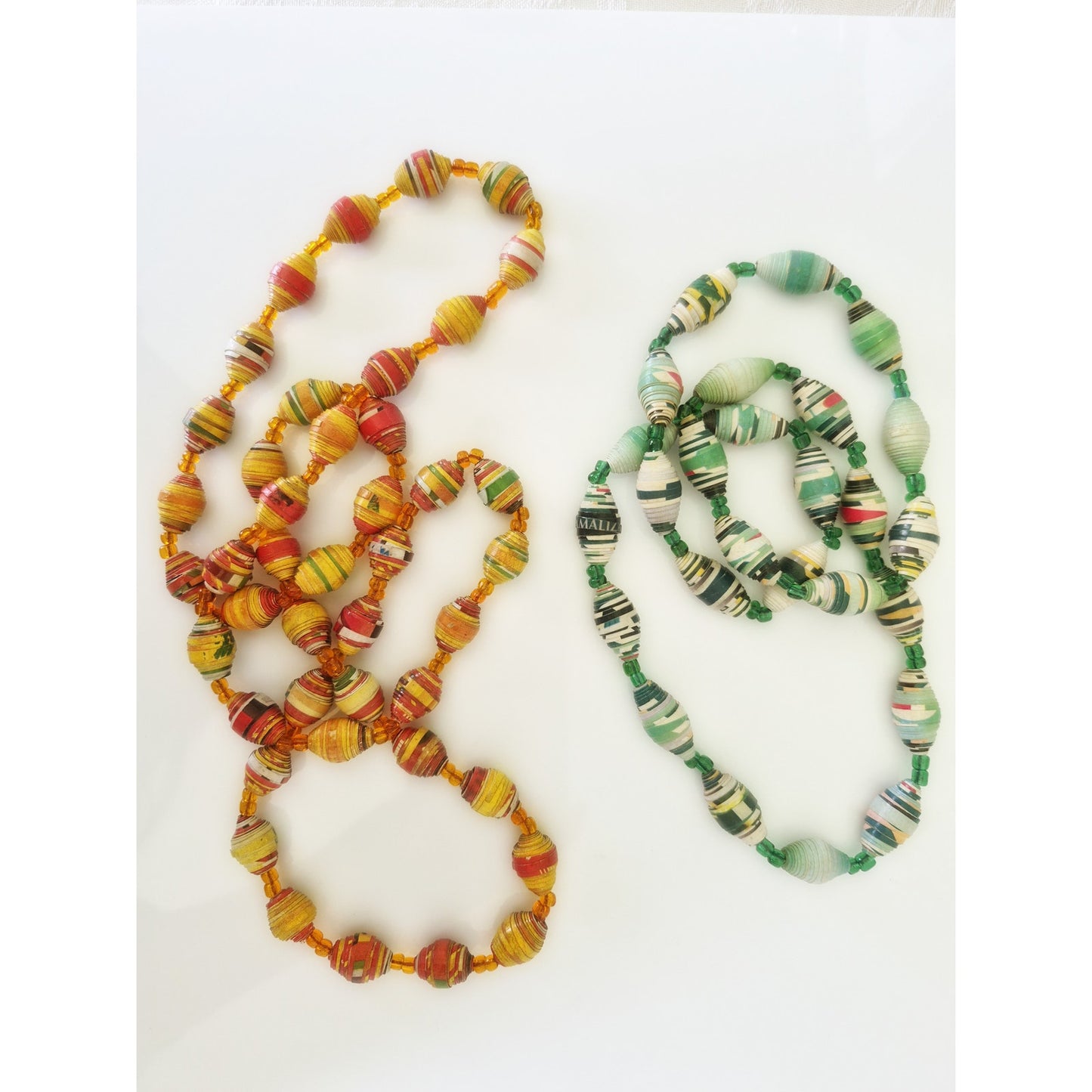 Vintage Orange and Green Rolled Paper Bead Necklace Lot of 2