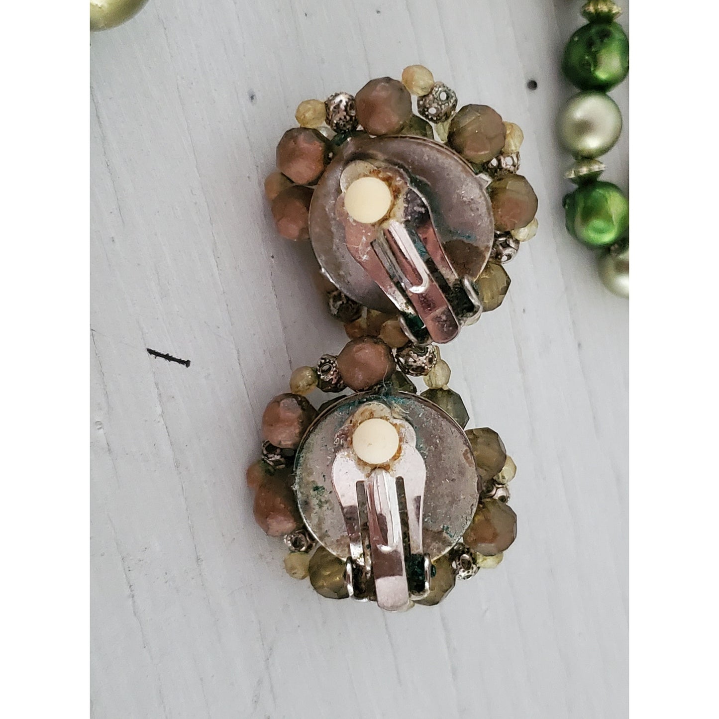 Vintage Green Tone Acrylic Beaded Hong Kong Necklace with Clip On Earrings