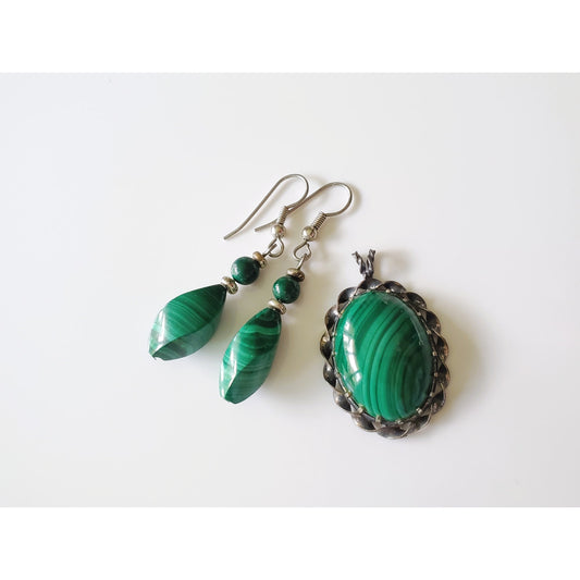 Vintage Sterling Silver Malachite Pendant and Earring Set