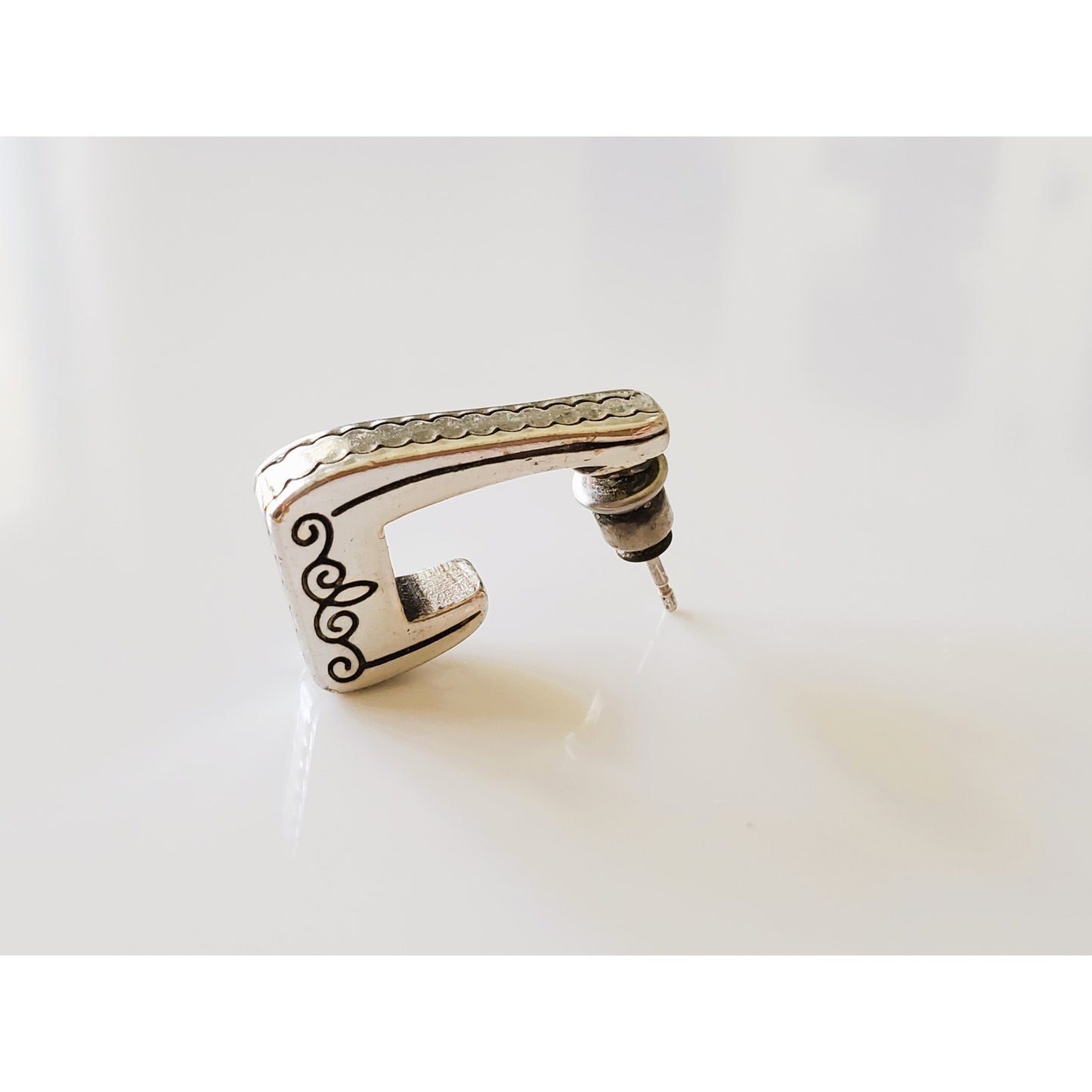 Silver-tone L Hoop Scroll Etched Earrings