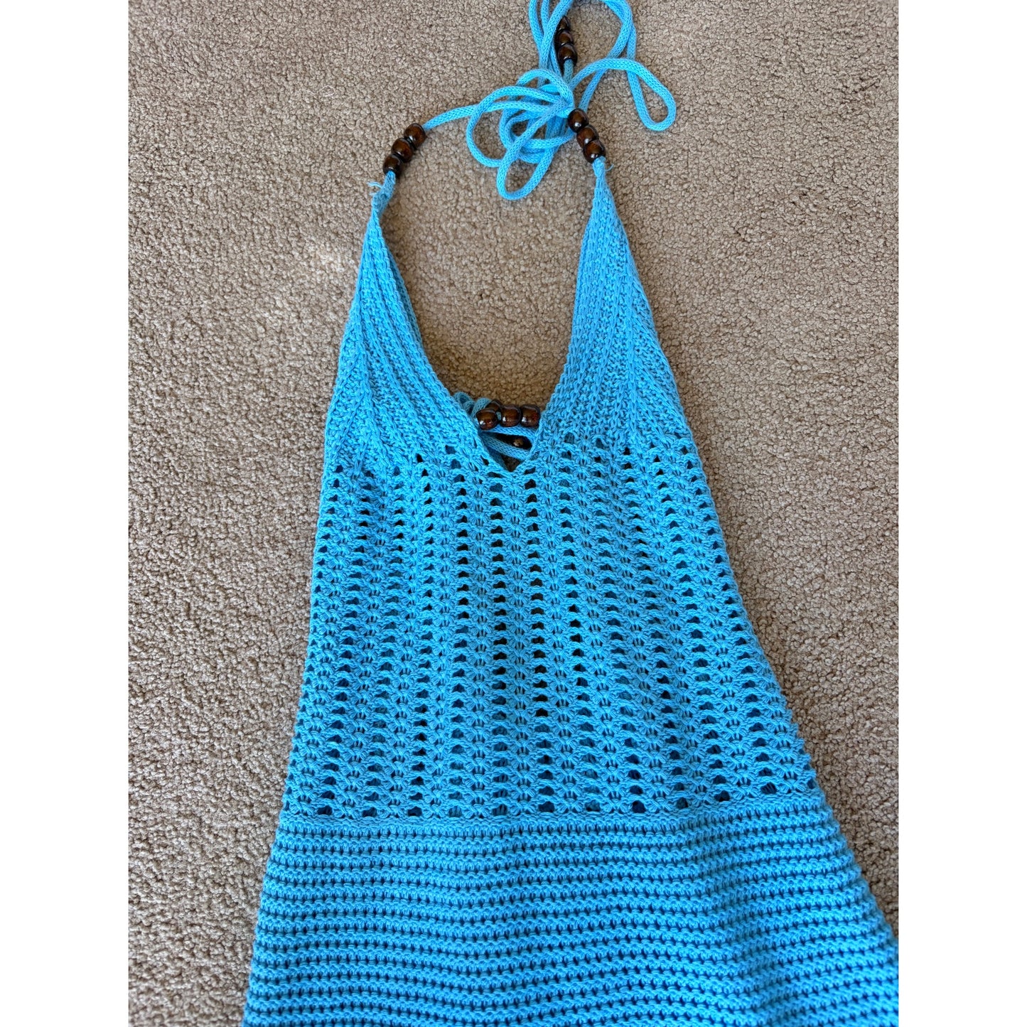 Blue Knit Crochet Cover Up Dress with Wooden Beads