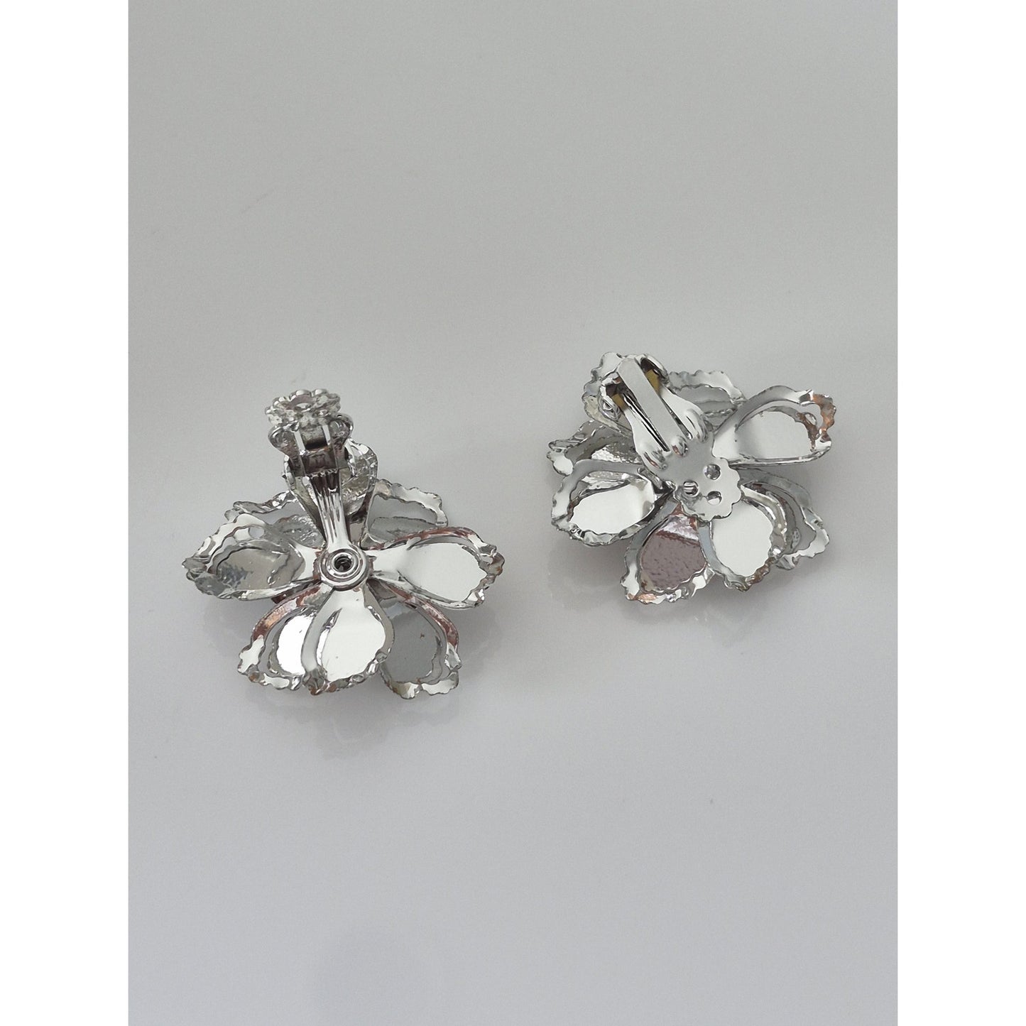 Vintage Silver Matte and Shiny Metal Flower Brooch and Earring Set
