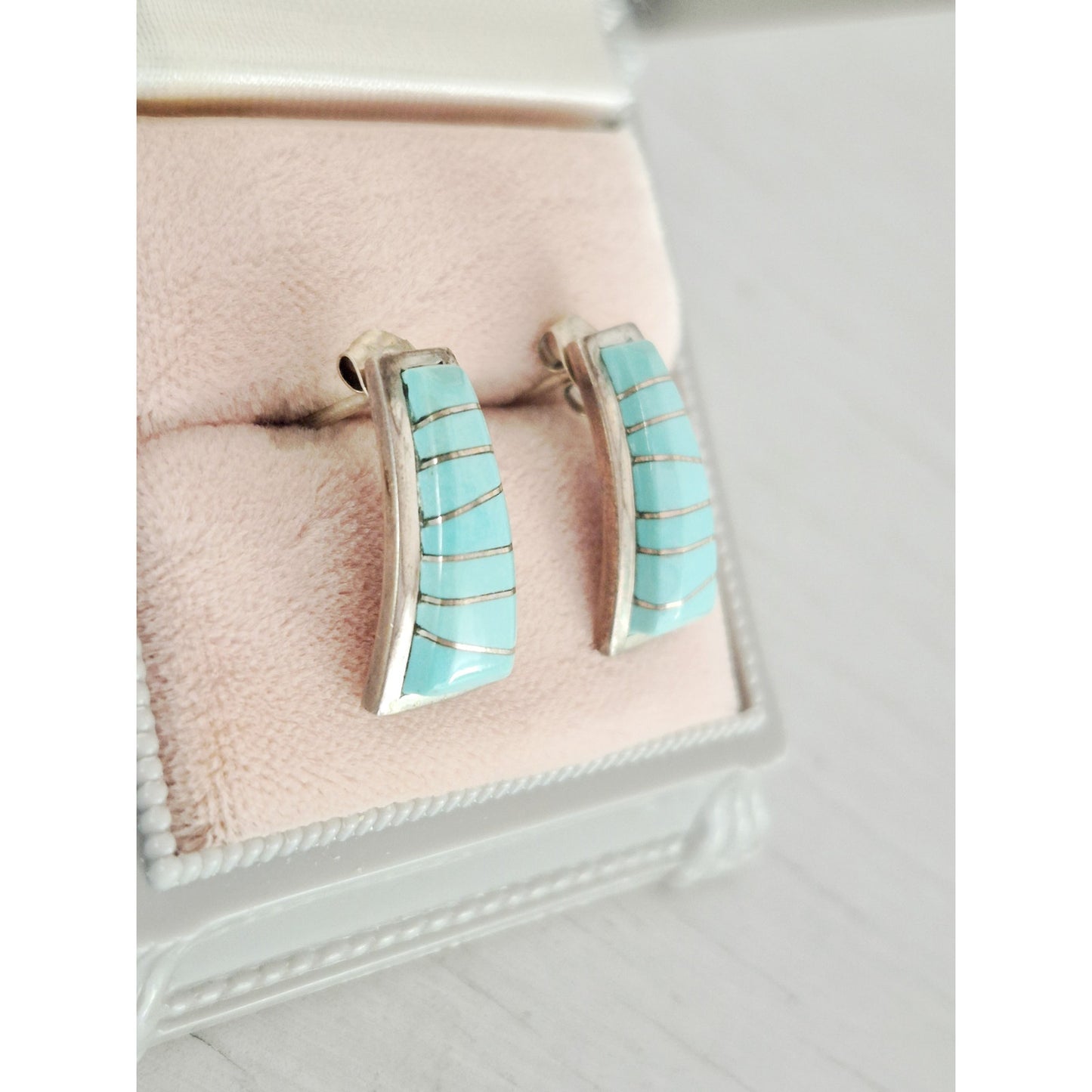 Vintage Sterling Silver Native Zuni D. Isalate Turquoise Inlaid Earrings