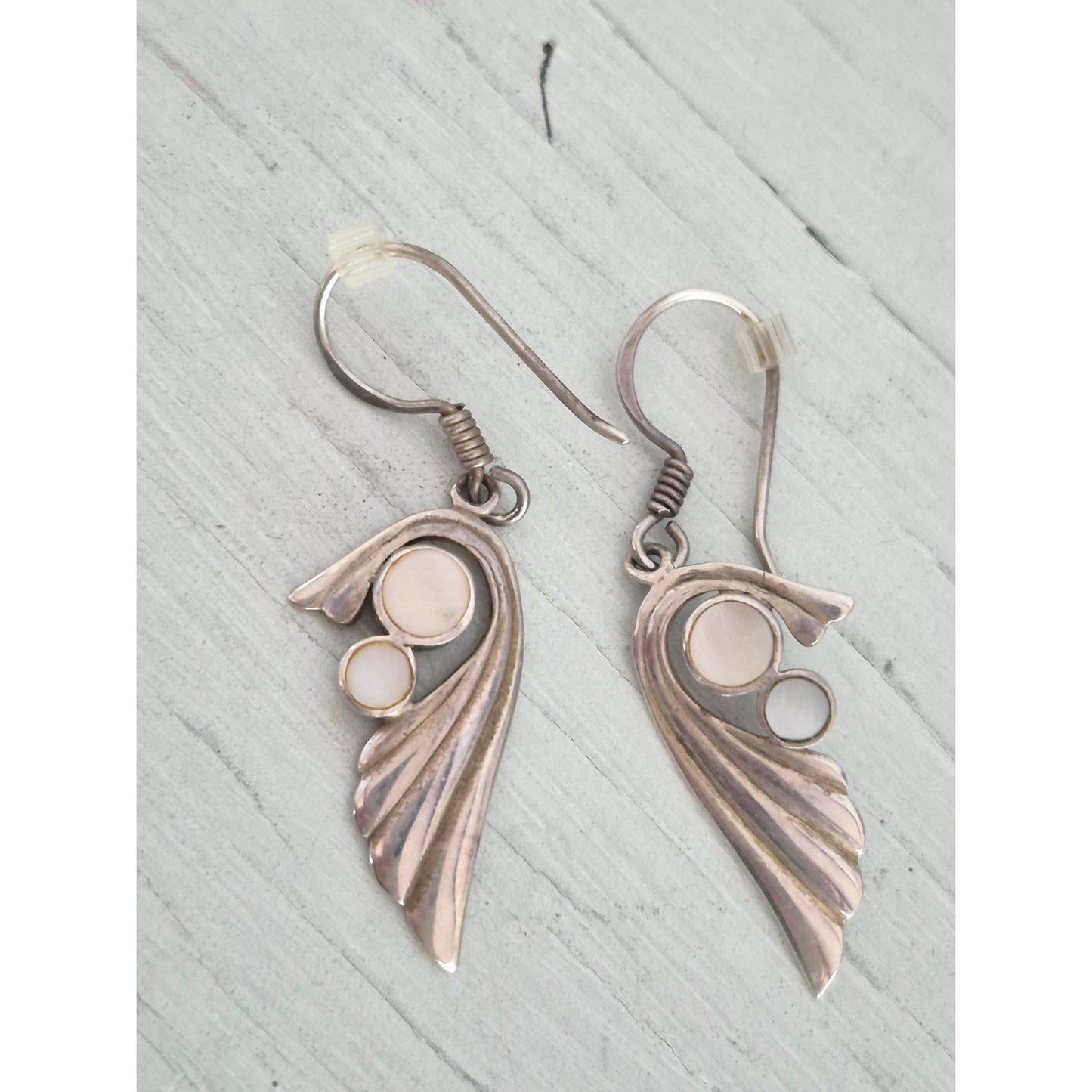 Vintage Sterling Silver Wing Mother of Pearl Dangle Earrings