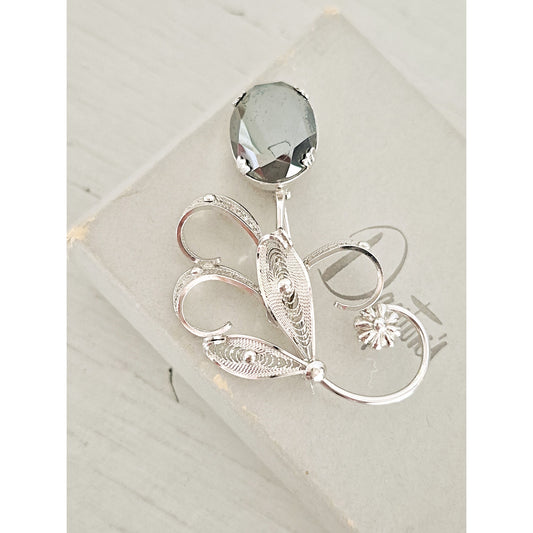 Vintage Sterling Silver Sorrento Designer Hematite Flower Filigree Brooch Pin