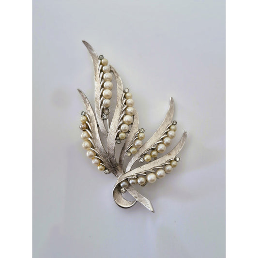 Vintage Crown Trifari 1960s Silver Tone Leaf with Faux Pearl Brooch