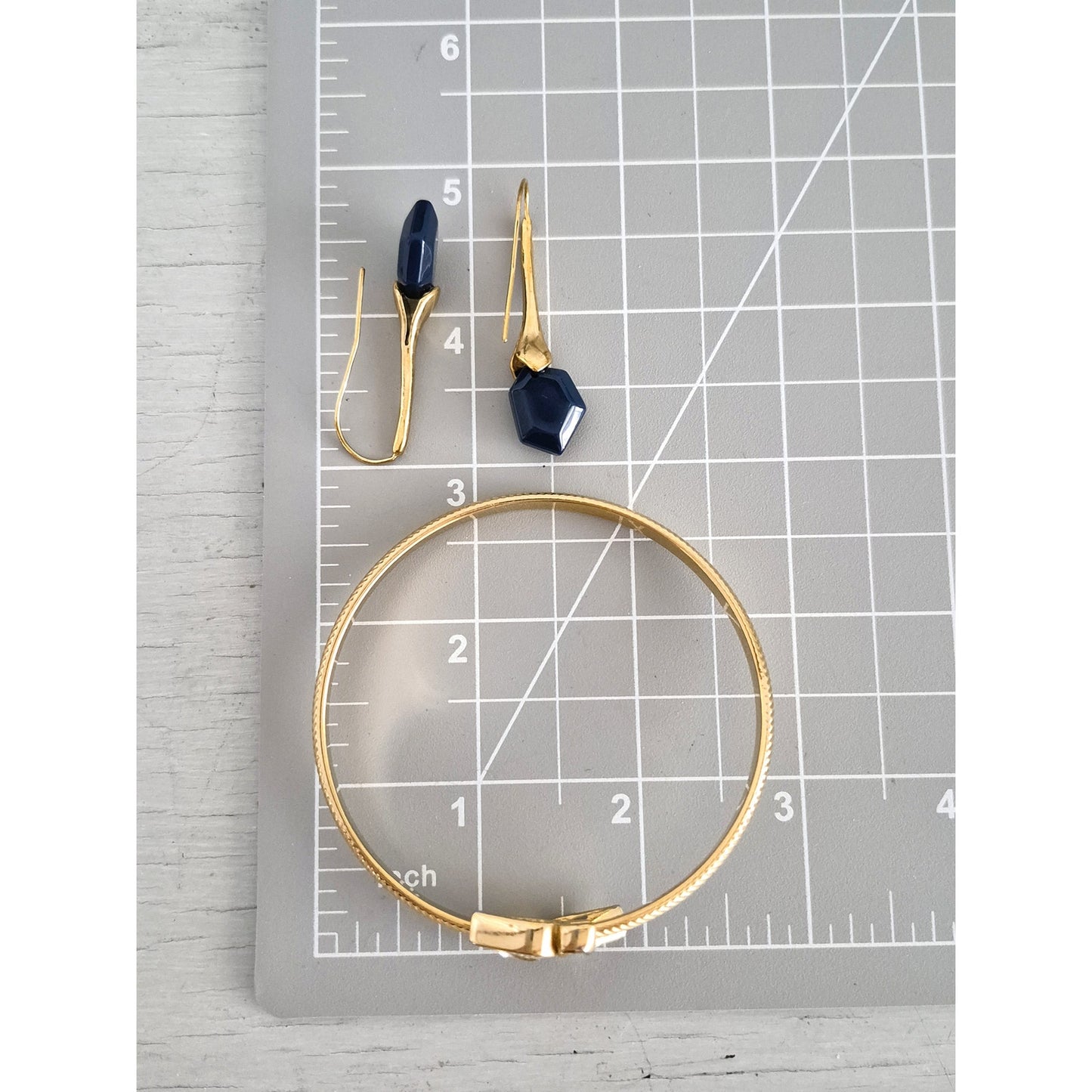 Vintage Gold Tone and Navy Blue Bangle and Earring Set
