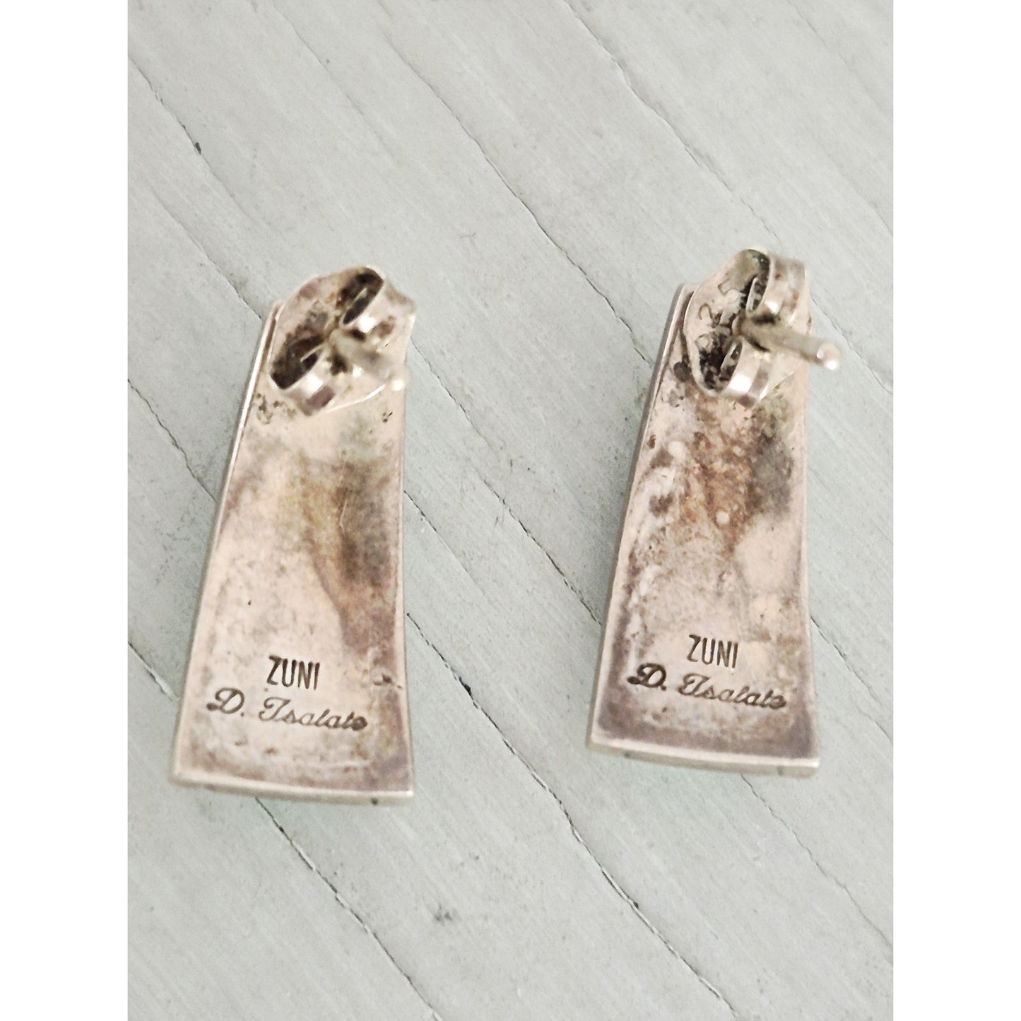 Vintage Sterling Silver Native Zuni D. Isalate Turquoise Inlaid Earrings