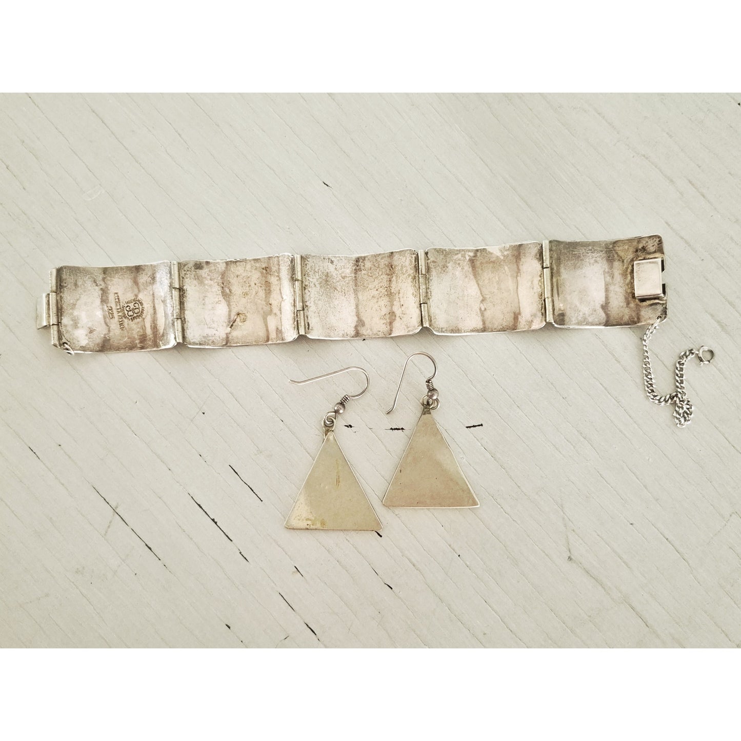Vintage Sterling Silver Abalone Storyteller Panel Bracelet and Earring Set