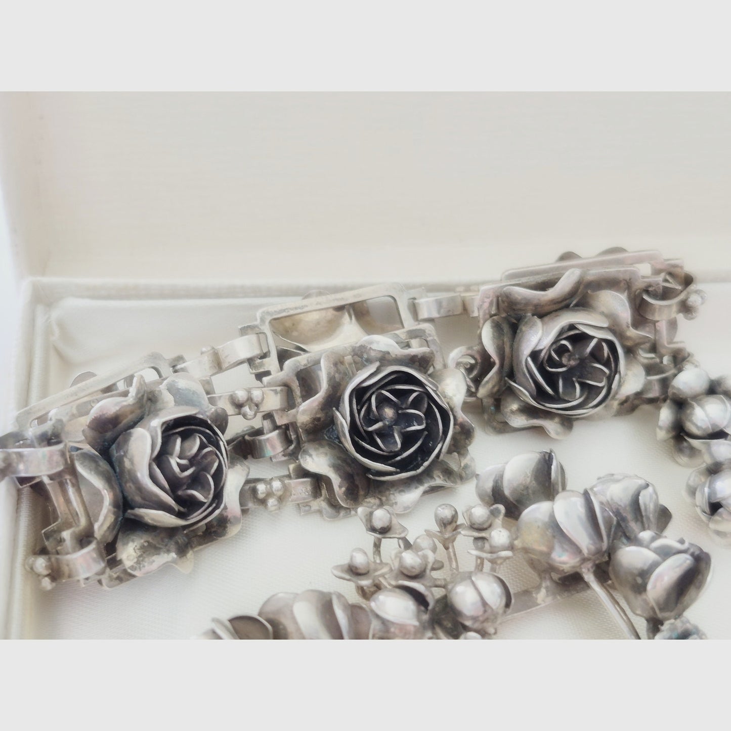Vintage 1940s Sterling Hobe Rose Floral Bracelet Earring and Brooch Set
