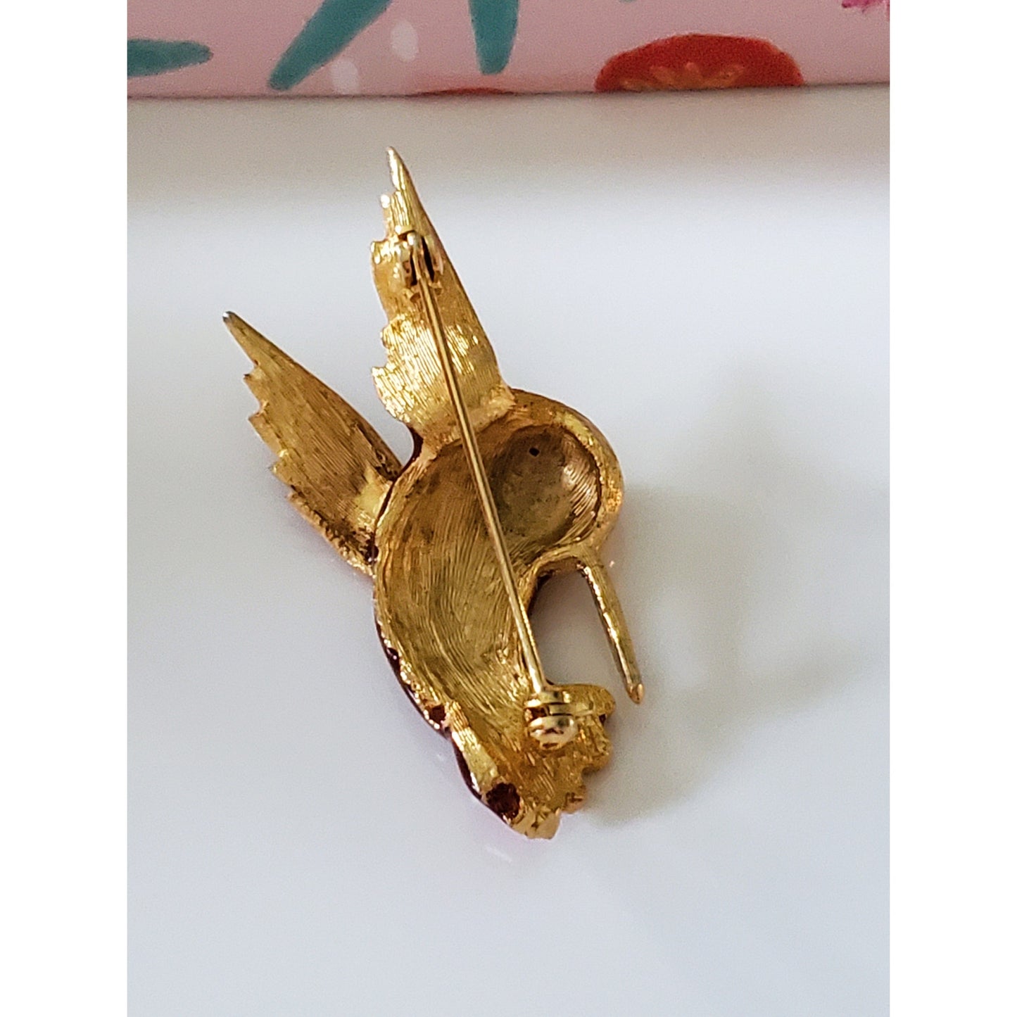 Vintage Red and Gold Tone Hummingbird Brooch