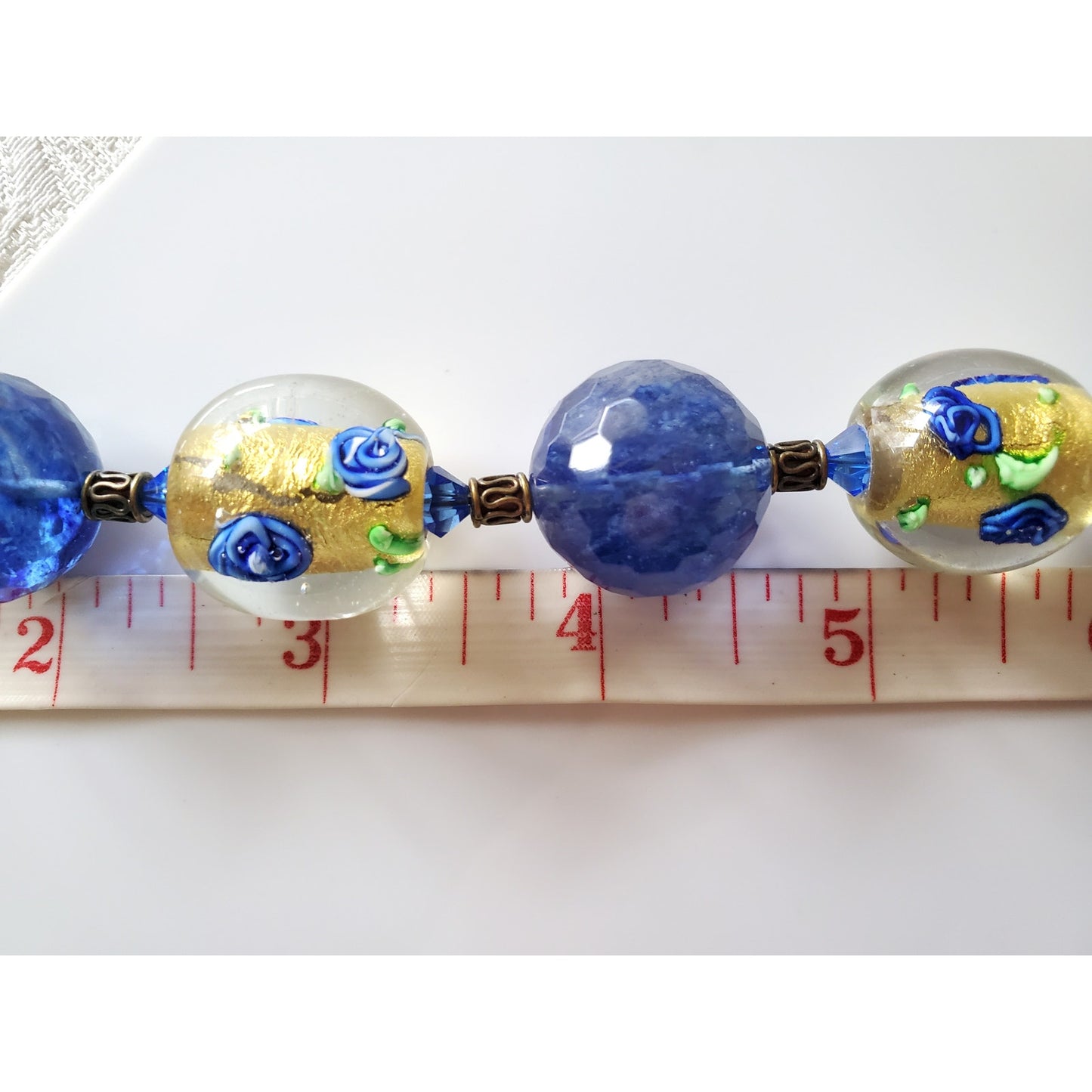 Vintage Blue Floral Glass Bead Necklace