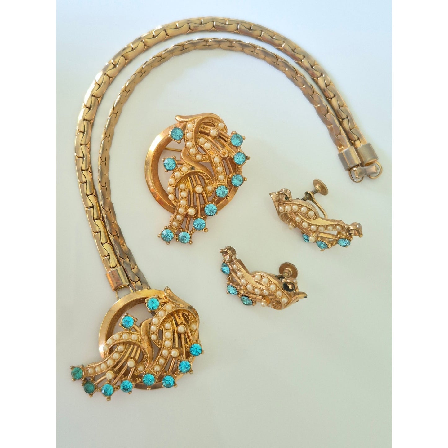 Vintage Demi Parure Rhinestones and Seed Pearls Jewelry Set