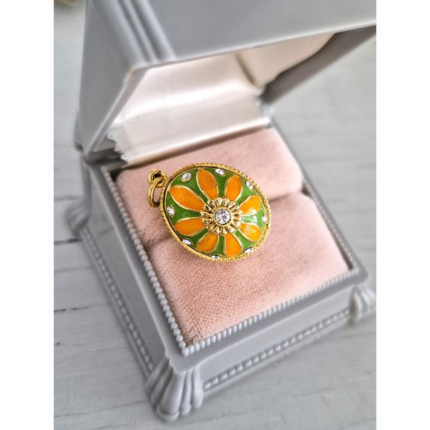 Vintage Green and Yellow Gold Tone Enamel Egg Pendant