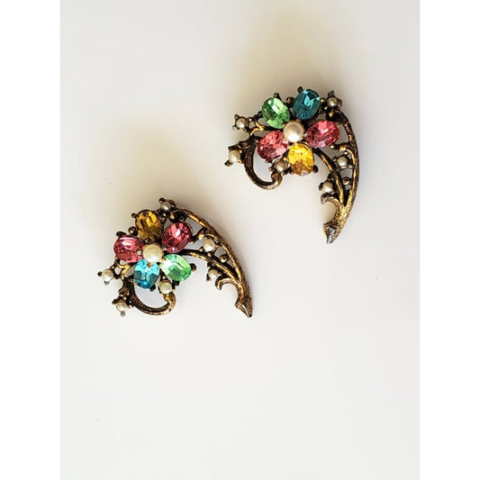 Vintage Mid-Century Pastel Floral Rhinestone and Pearl Brooch Set