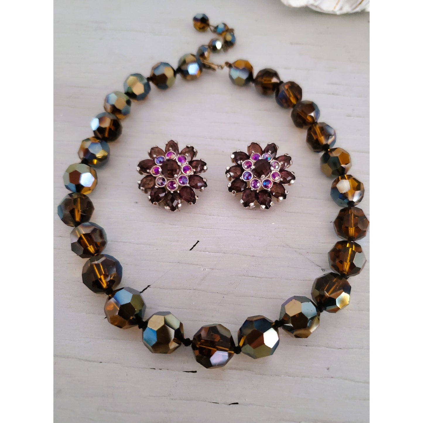 Vintage Cognac Topaz Crystal AB Faceted Glass Bead Choker Necklace and Earring Set