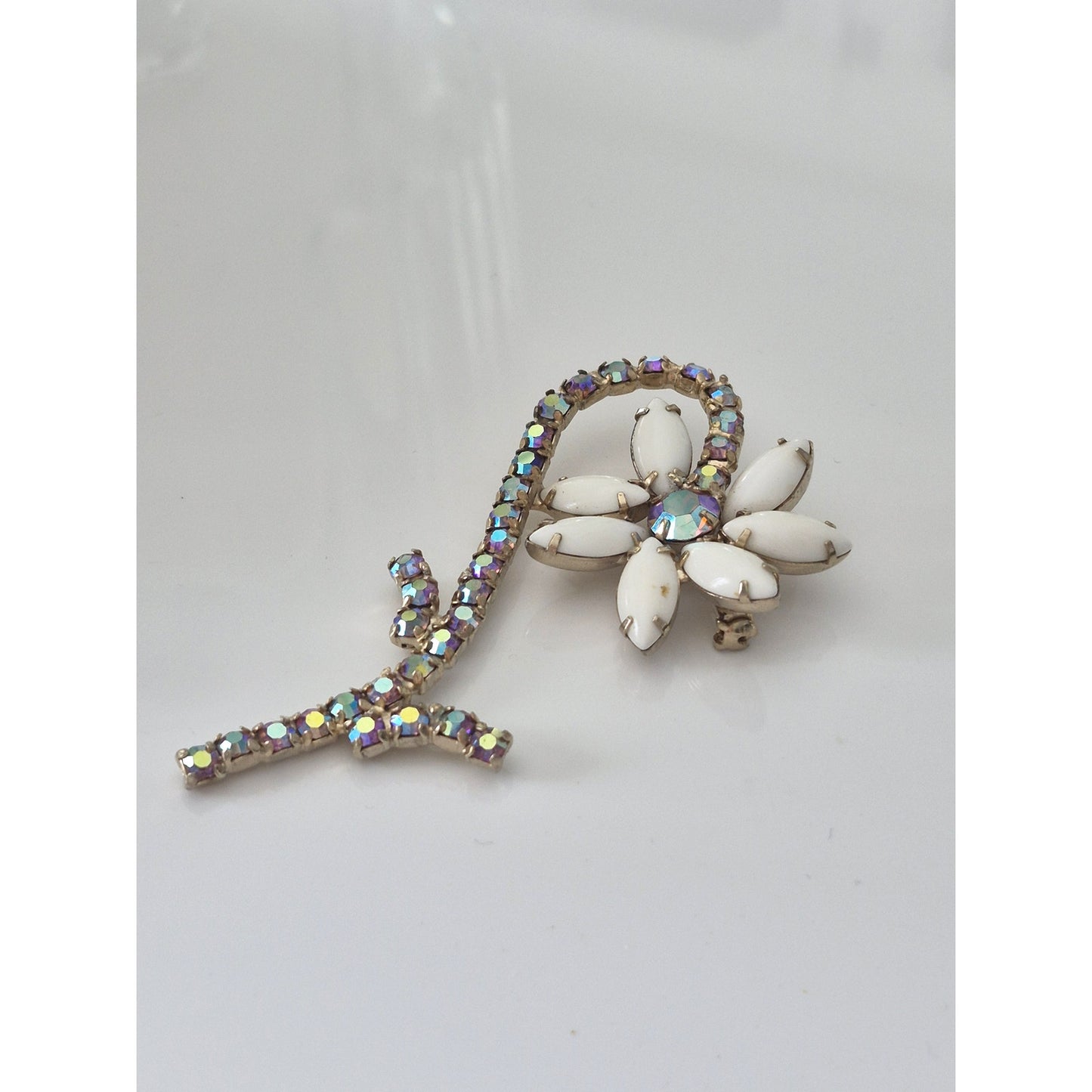 Vintage D & E Juliana Flower Milk Glass and AB Stone Brooch