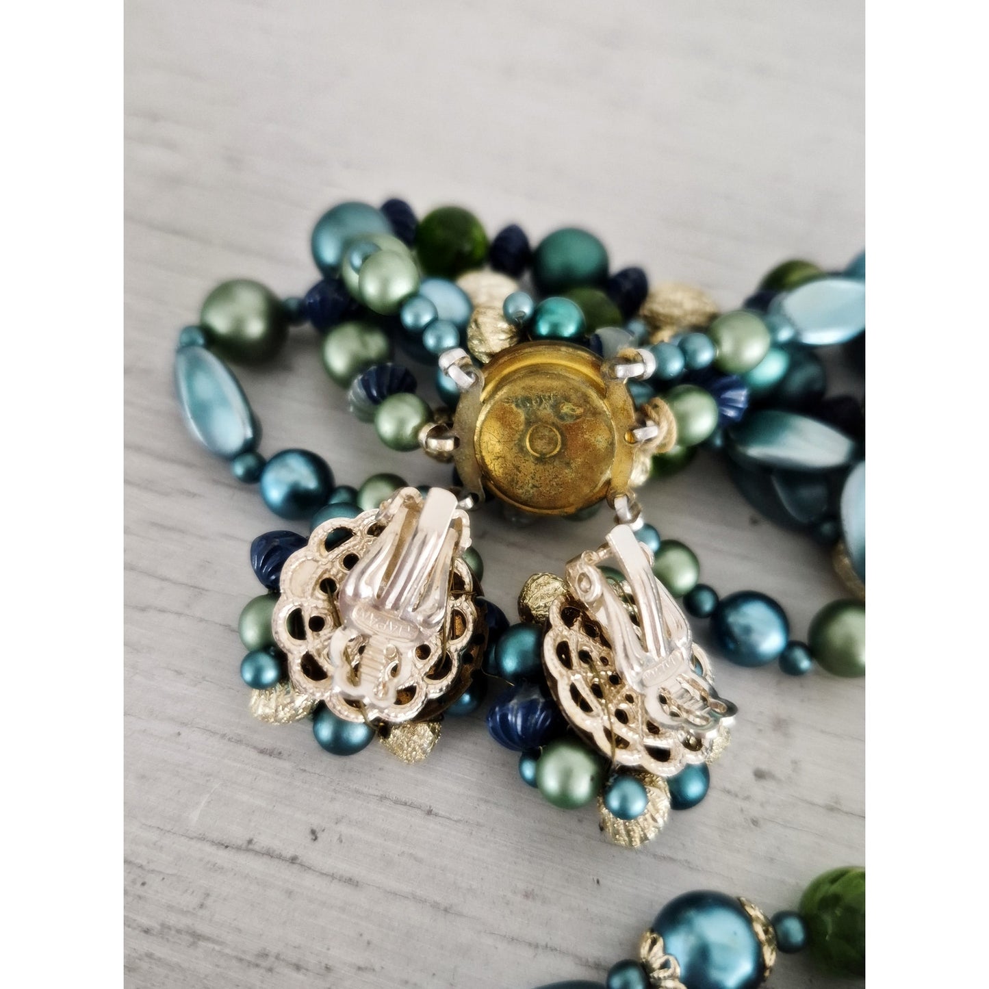 Vintage Japan Blue Green Acrylic Multi-strand Beaded Necklace and Earring Set