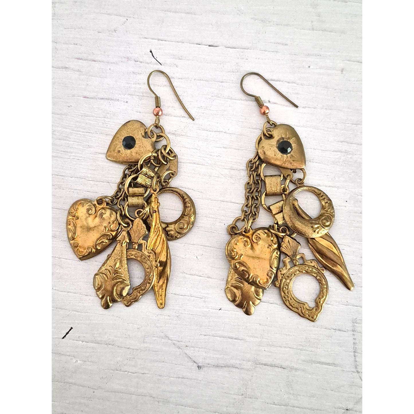 Vintage Victorian Style Brass Heart Charm Dangle Earrings