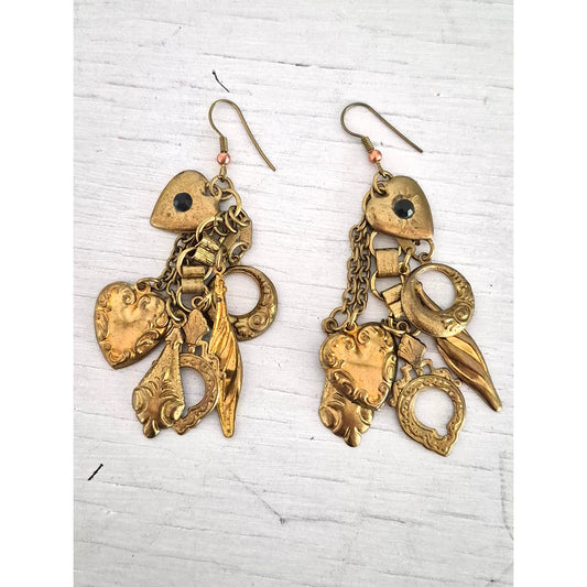 Vintage Victorian Style Brass Heart Charm Dangle Earrings