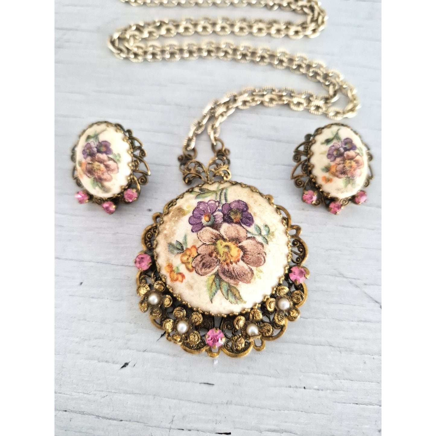 Vintage West Germany Pink Floral Necklace and Earring Set