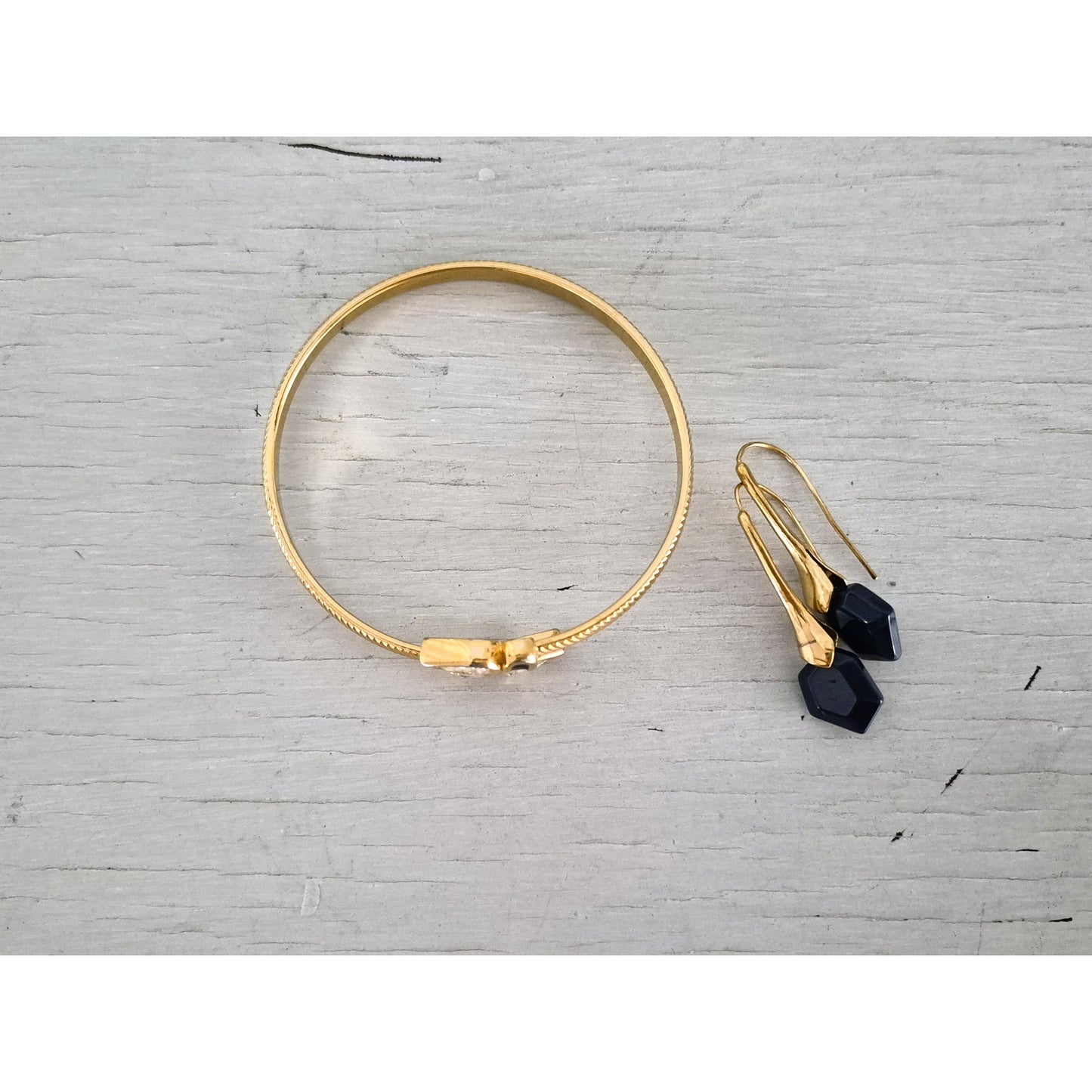 Vintage Gold Tone and Navy Blue Bangle and Earring Set