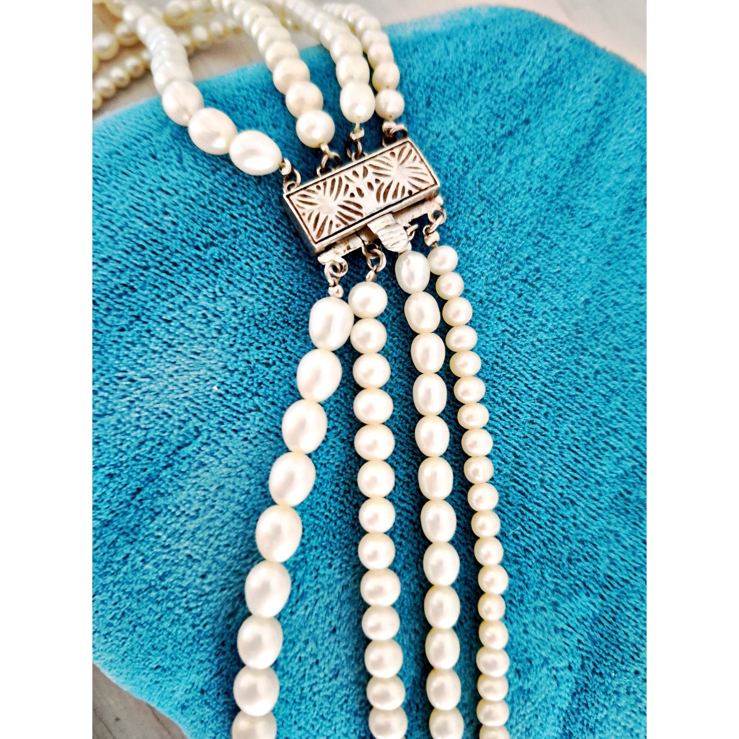 Vintage Sterling Silver 4 Strand Cultured Pearl Choker Necklace with Box Clasp
