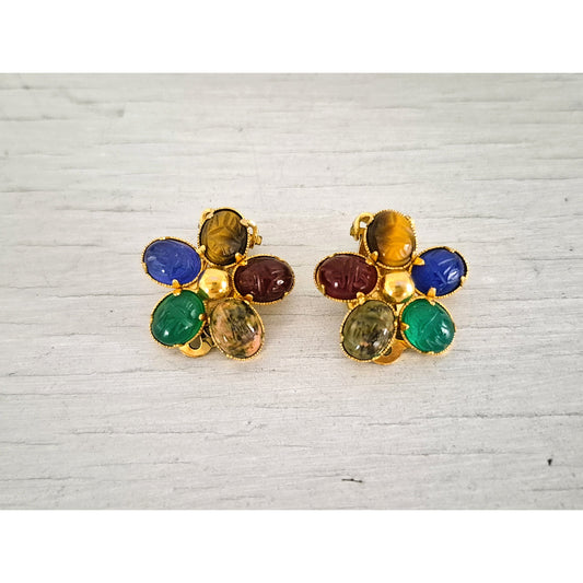 Vintage 1/20 12k GF Carved Egypt Scarab Semi-Precious Stone Flower Earrings