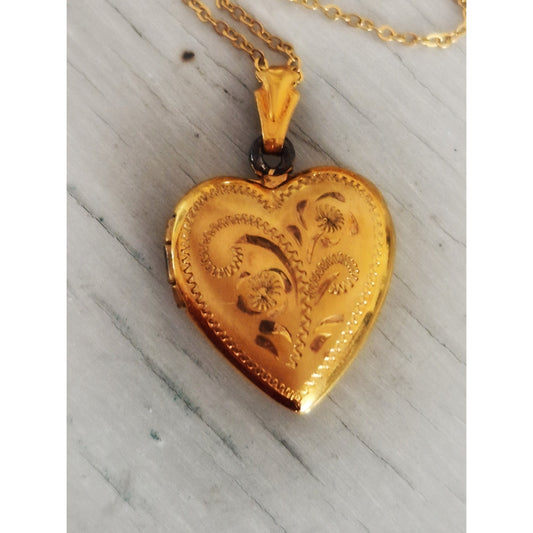 Vintage Gold-fill Diamond Etched Floral Heart Locket