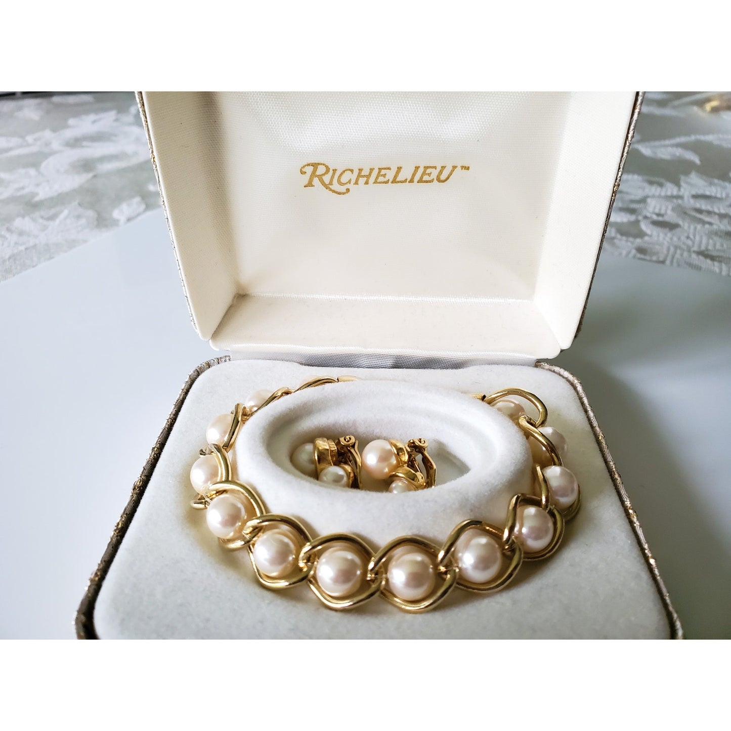 Vintage Faux Pearl and Gold Tone Bracelet and Earring Set by Richelieu