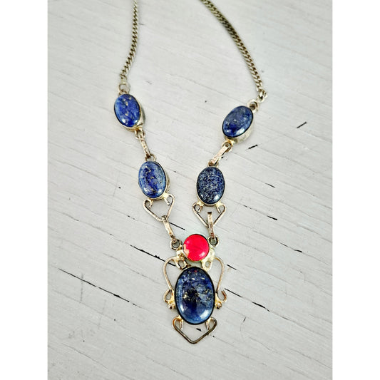 Vintage Sterling Silver Lapis Lazuli and Coral Necklace