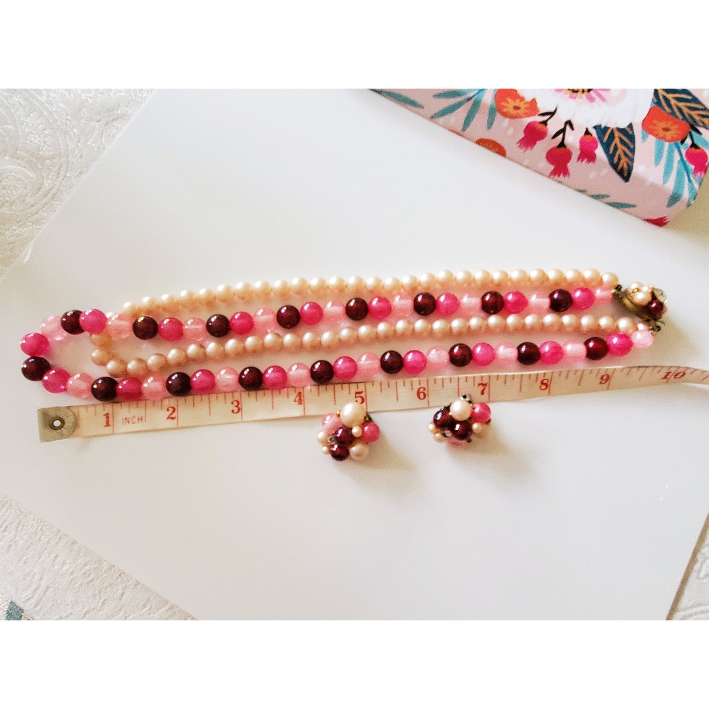 Vintage Mid Century Pink Shaded Pearl Necklace and Earring Set