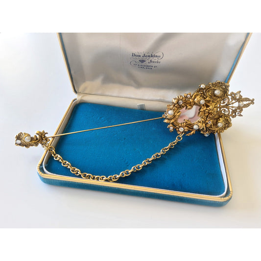 Vintage Long 9in Art Nouveau Faux Pearl Lapel Pin