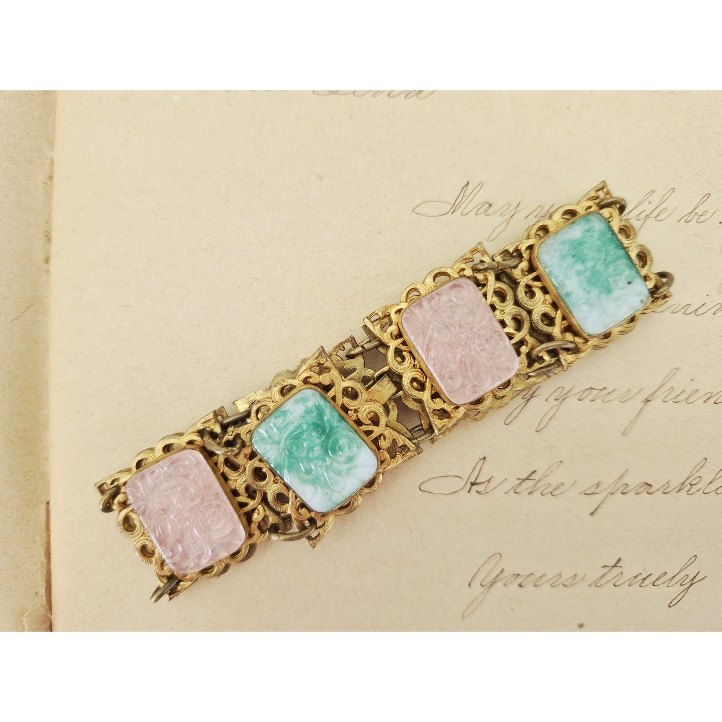 Vintage MCM Brass Faux Jade and Rose Quartz Filigree Panel Bracelet