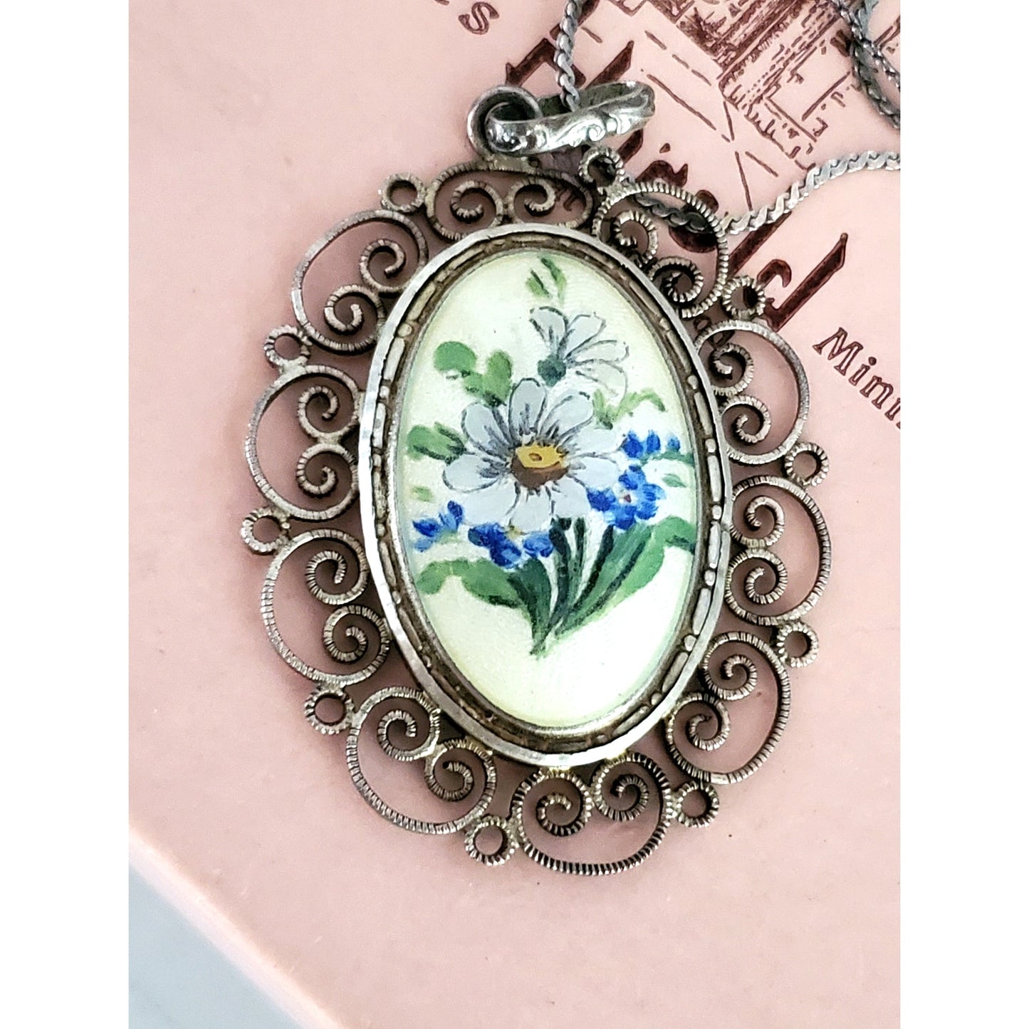 Vintage Sterling Silver Porcelain Floral Pendant Necklace