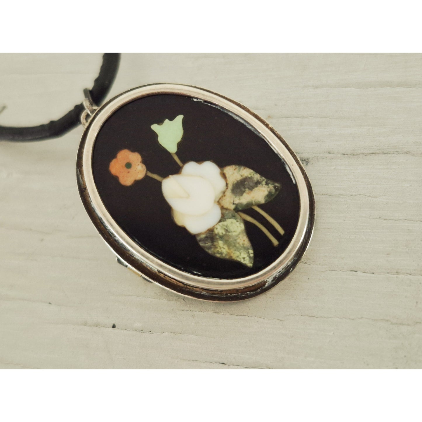 Antique 800 Silver Pietra Dura Mosaic Inlaid Stone Pendant Brooch Necklace