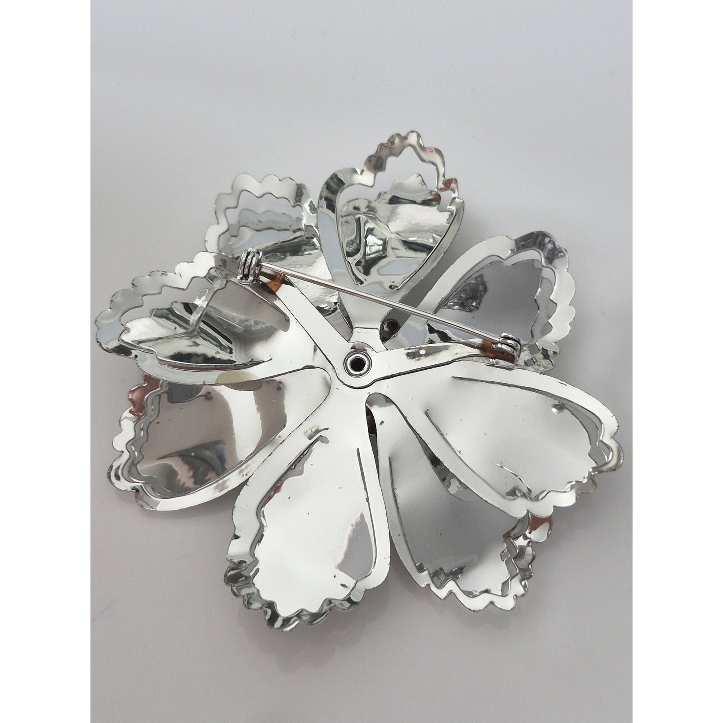 Vintage Silver Matte and Shiny Metal Flower Brooch and Earring Set