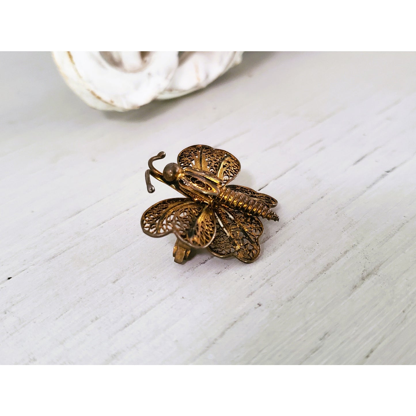 Vintage Antique Filigree Gold Wash Butterfly Pin Brooch