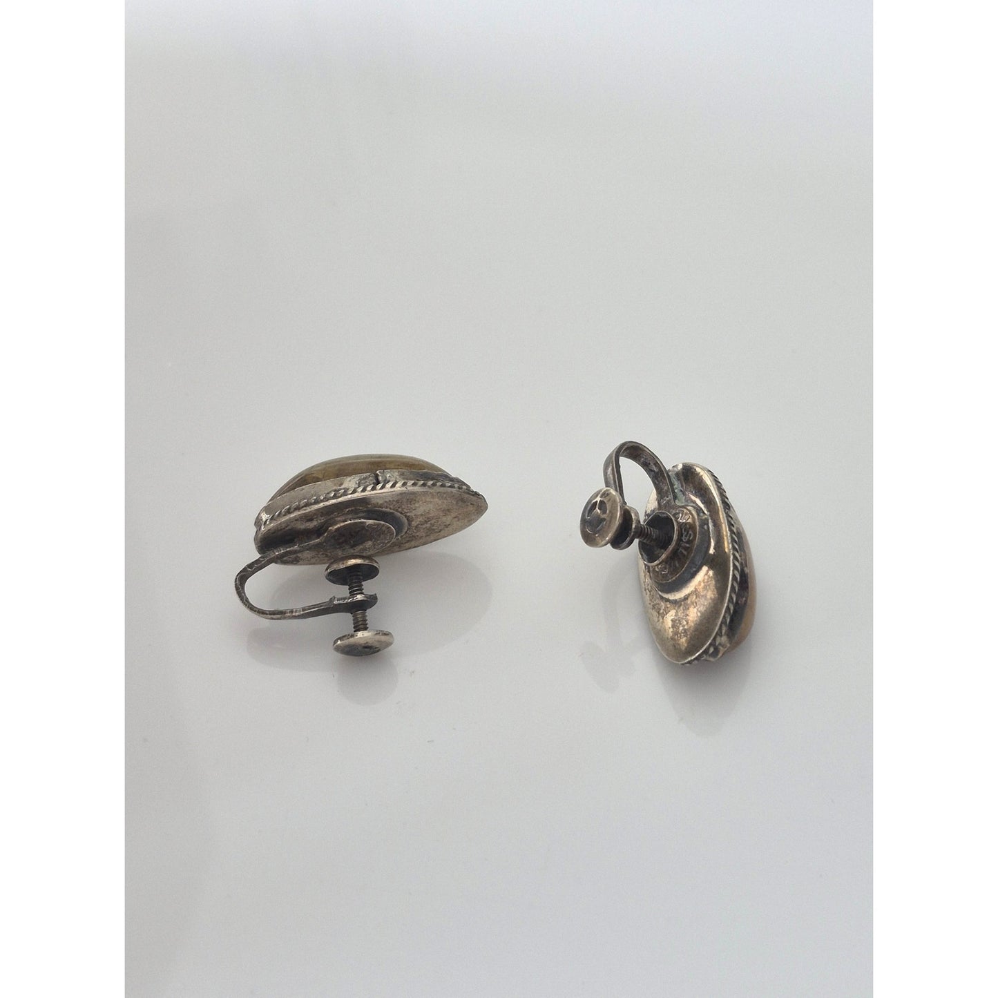 Vintage Sterling Silver Tiger Eye Oval Screw On Earrings