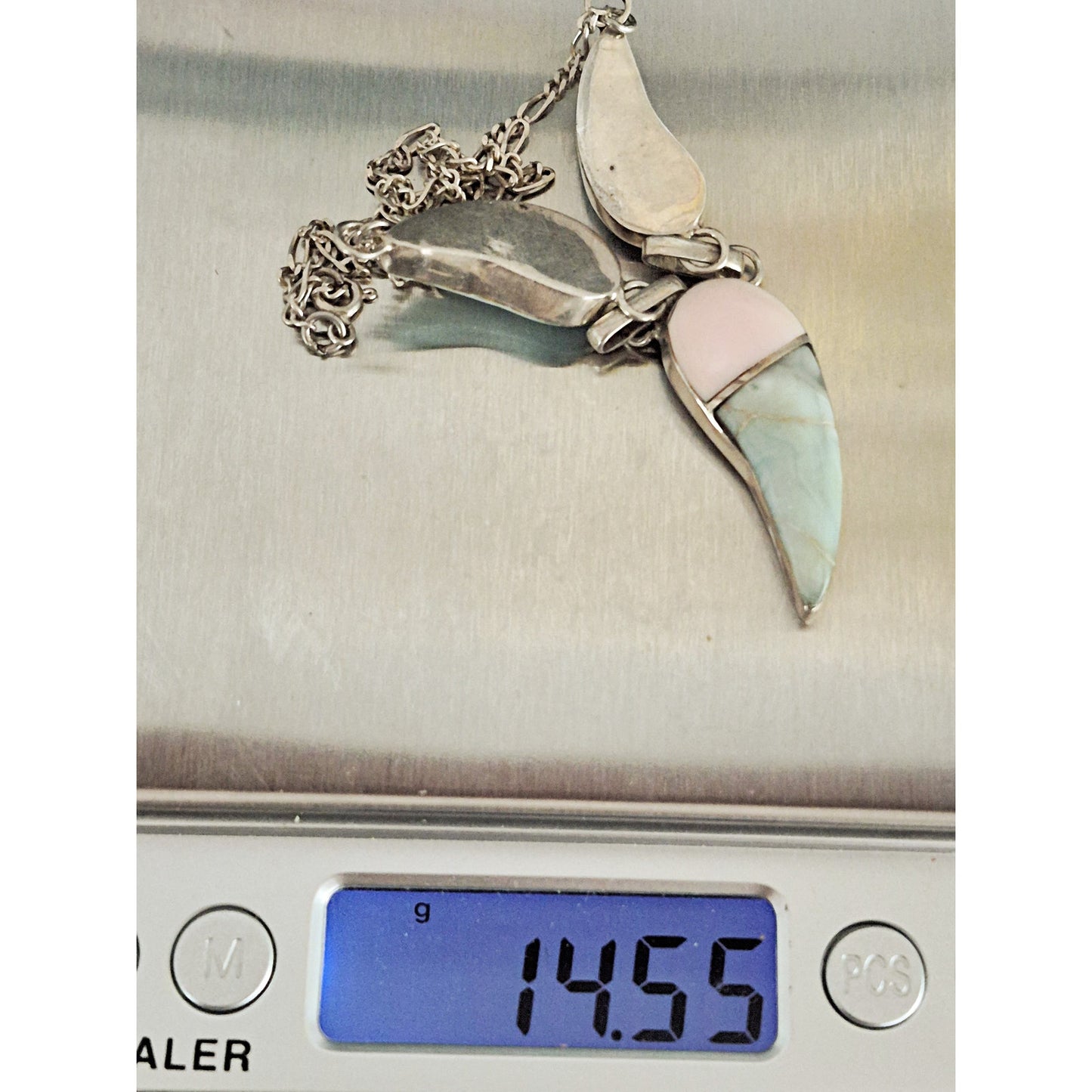 Vintage Larimar Pastel Stone Sterling Silver Figaro Choker Necklace