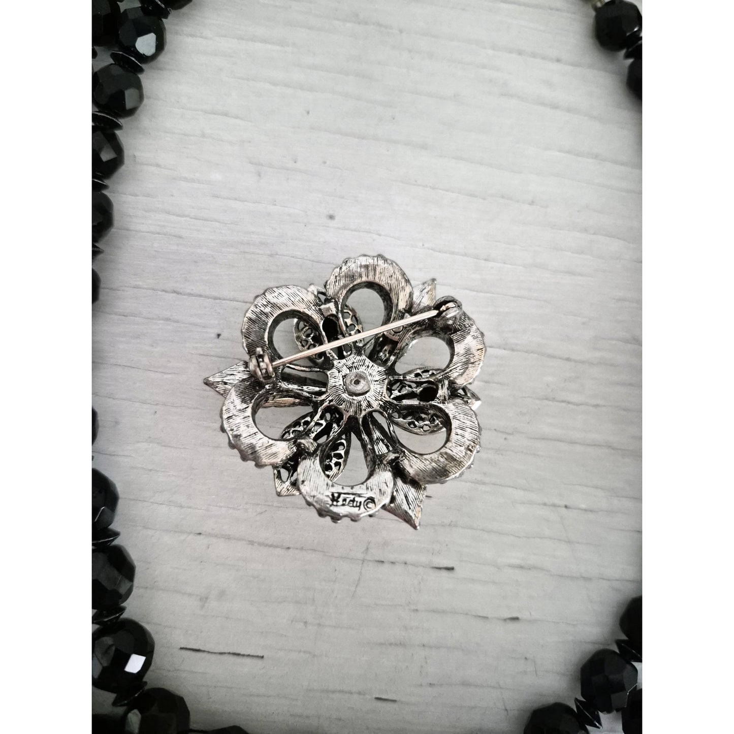 Vintage Double Strand Black Beaded Necklace and Hedy Designer Brooch Set
