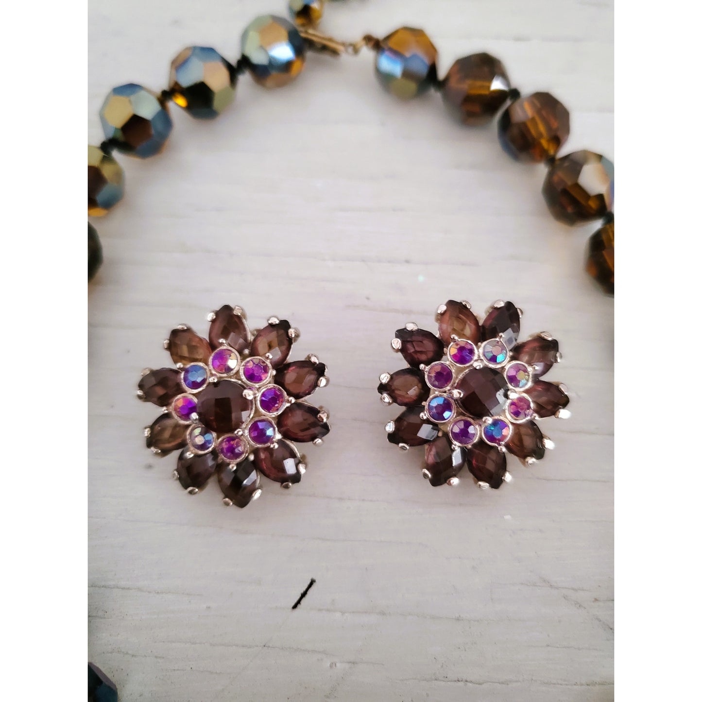 Vintage Cognac Topaz Crystal AB Faceted Glass Bead Choker Necklace and Earring Set